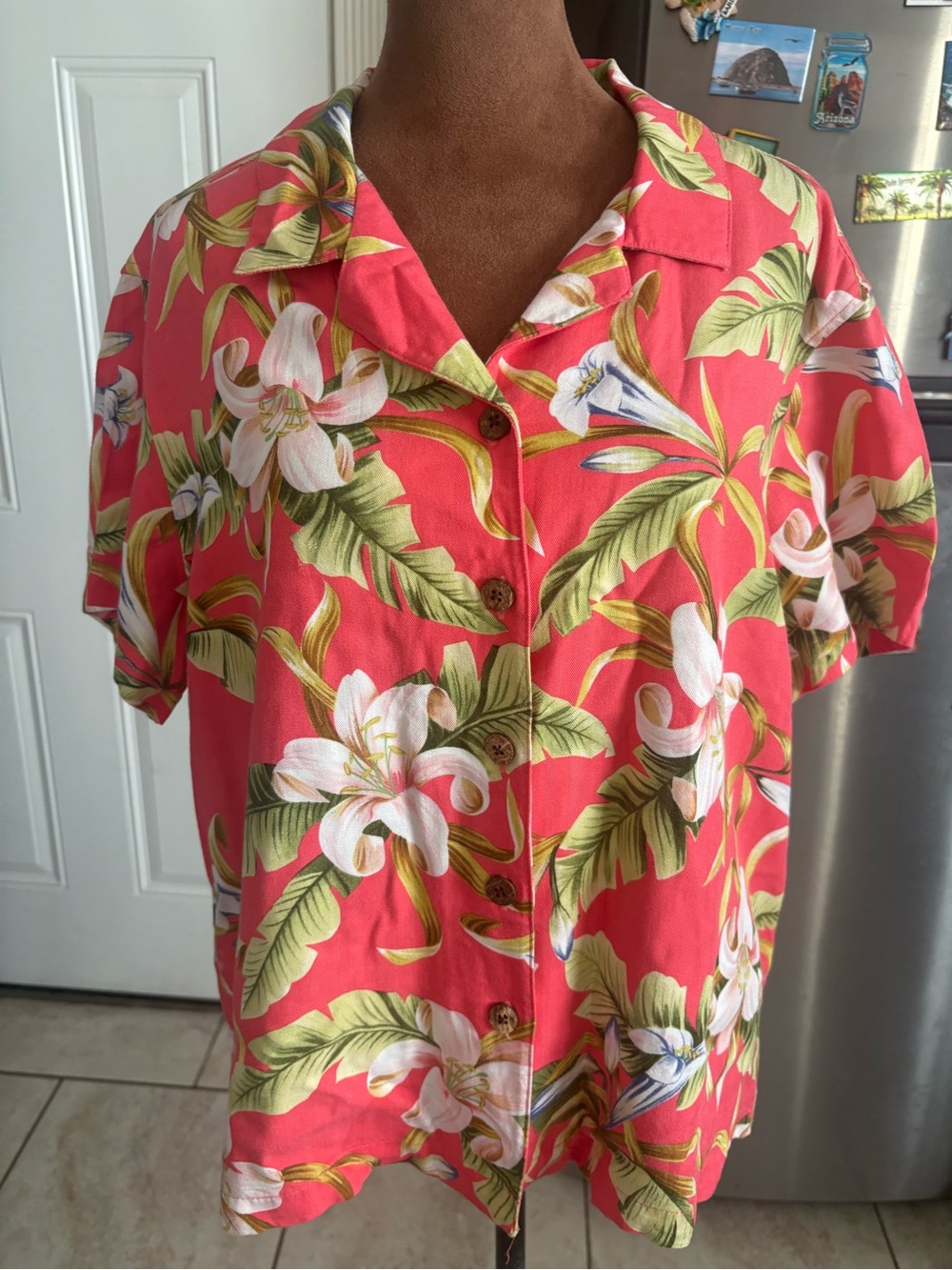 Coral Tropical Floral Button-Front Blouse